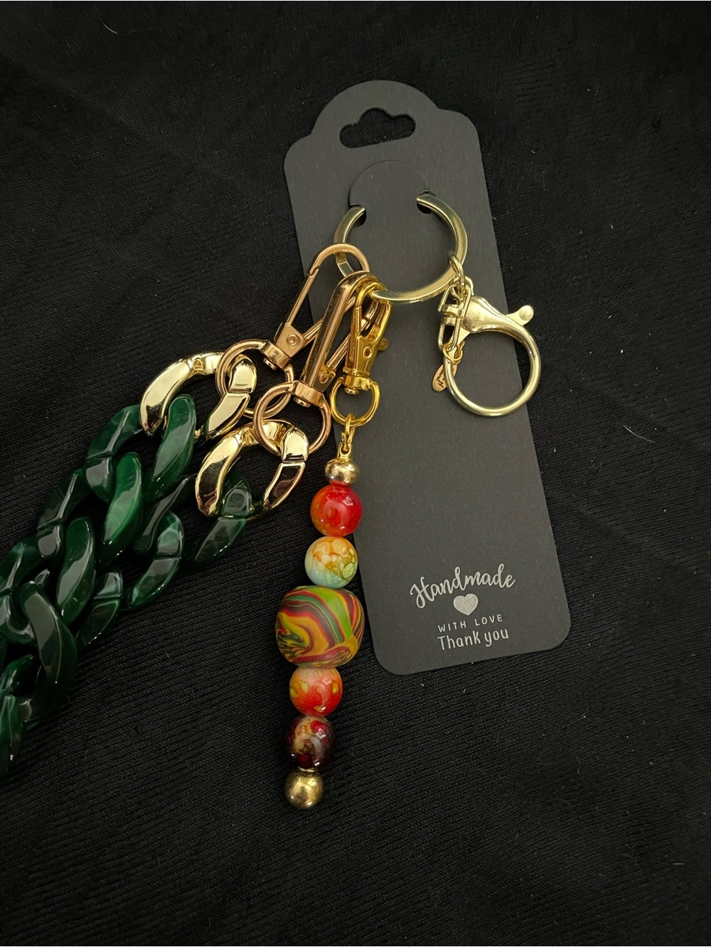 Gold-Tone Keychain & Bead Charm with Dark Green Chain
